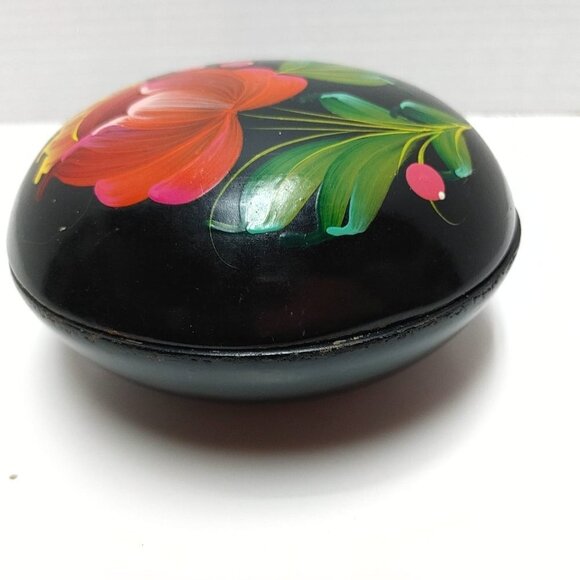 Black Wooden Russian Jewelry Folk Floral Box 80s Trinket Lidded Bowl handpainted - Picture 3 of 7